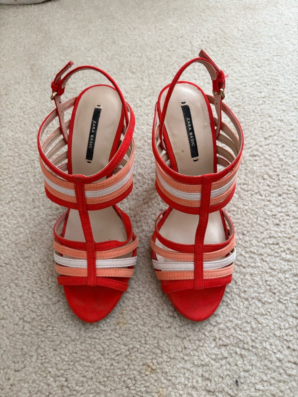 Zara Coral & Cream Multi-Striped Strappy Heels